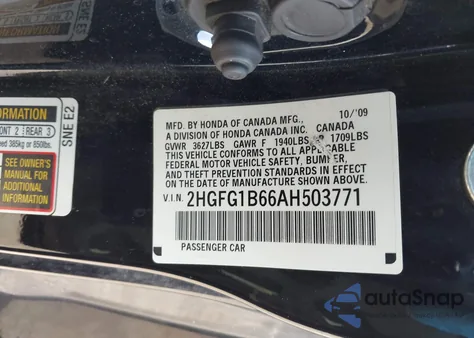 2010 Honda Civic Lx z USA, uszkodzony, nr VIN 2HGFG1B66AH503771